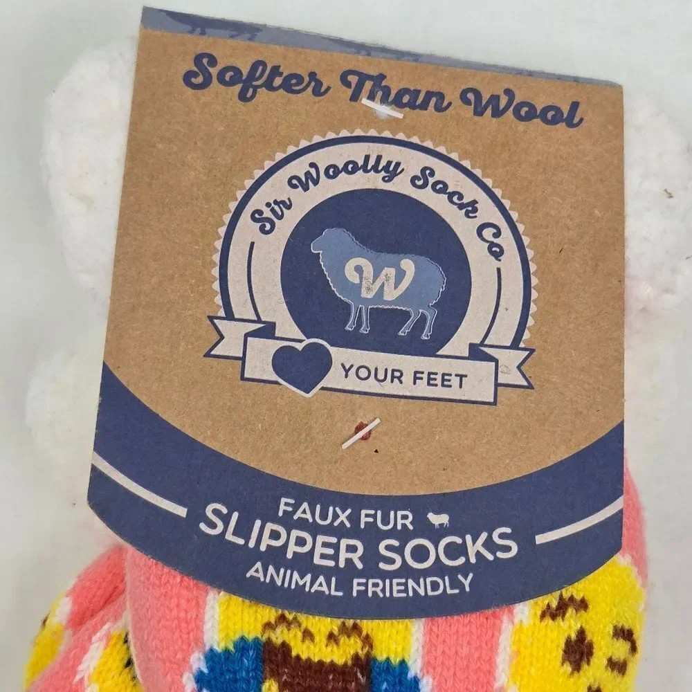 SIR WOLLY SOCK COMPANY Faux Fur Emoji‎ Patterned Pink Slipper Socks NWT